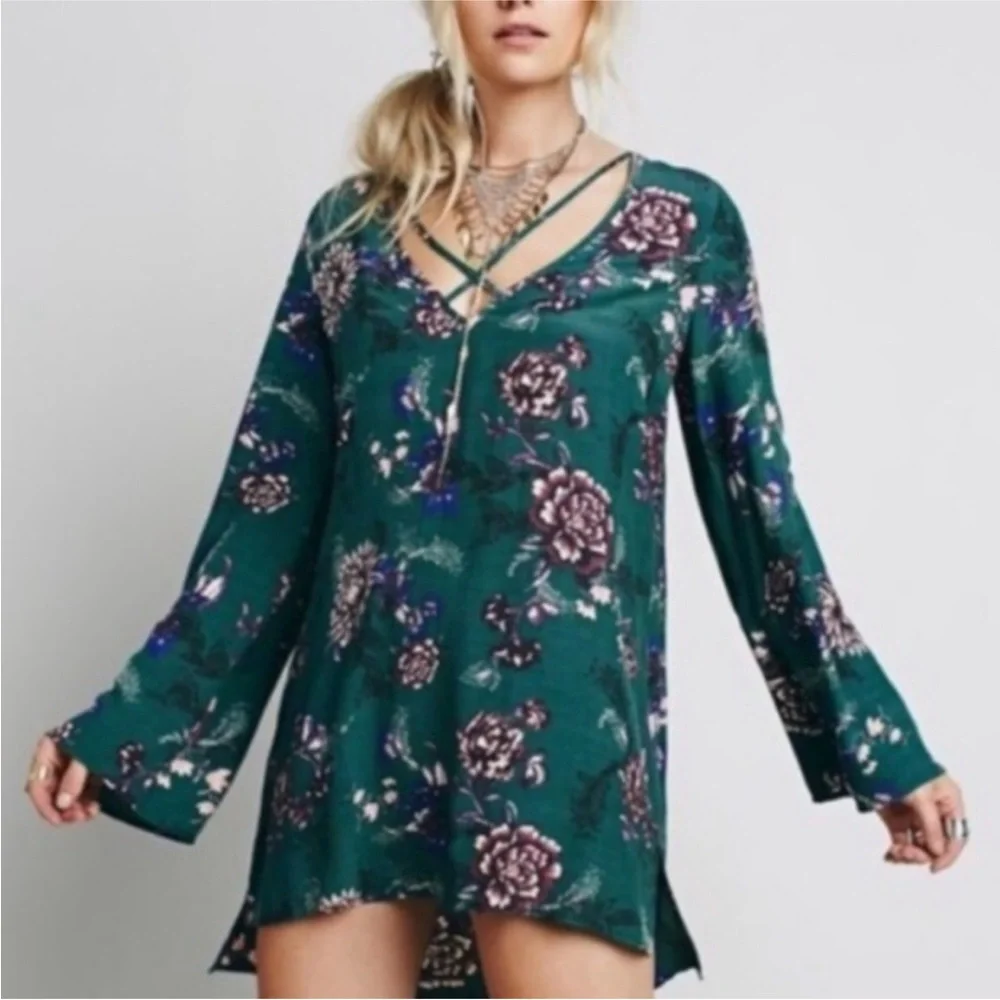 FREE PEOPLE Heartbeat Green Floral Bell Long Sleeve Tunic Mini Dress Oversize L